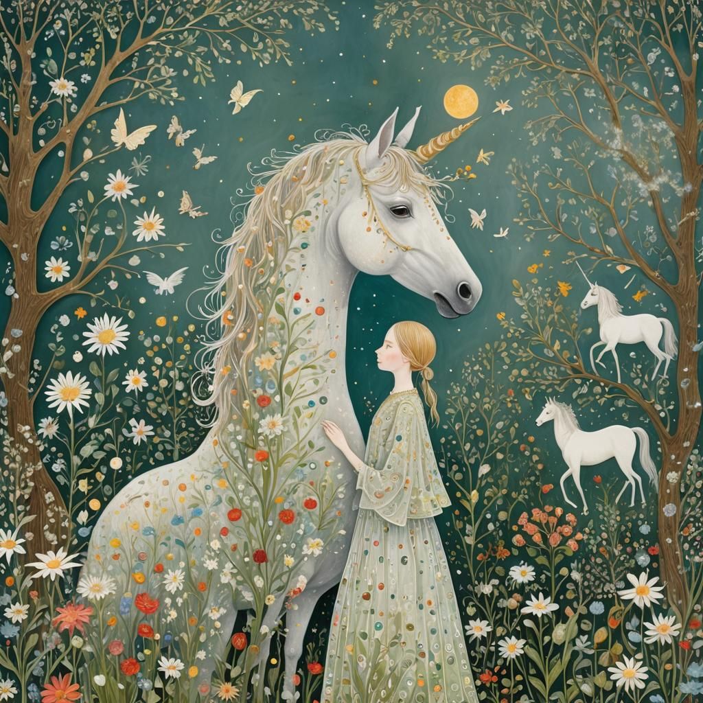 Woman and Unicorn in Millefiori Glass Style