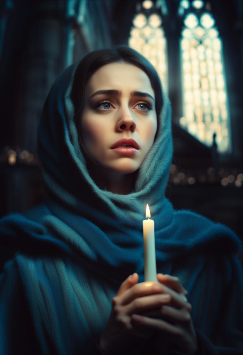 Crying Brunette with Candle in Photorealistic Style