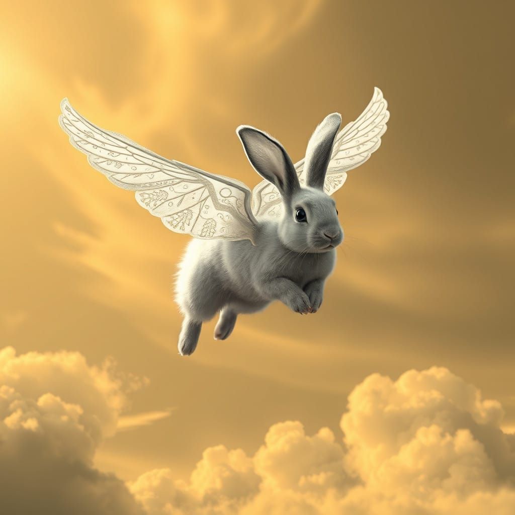 Majestic Flying Rabbit in Whimsical Landscapes