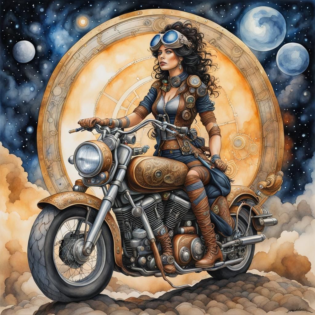 Steampunk Woman on Motorbike with Galaxy Headlights