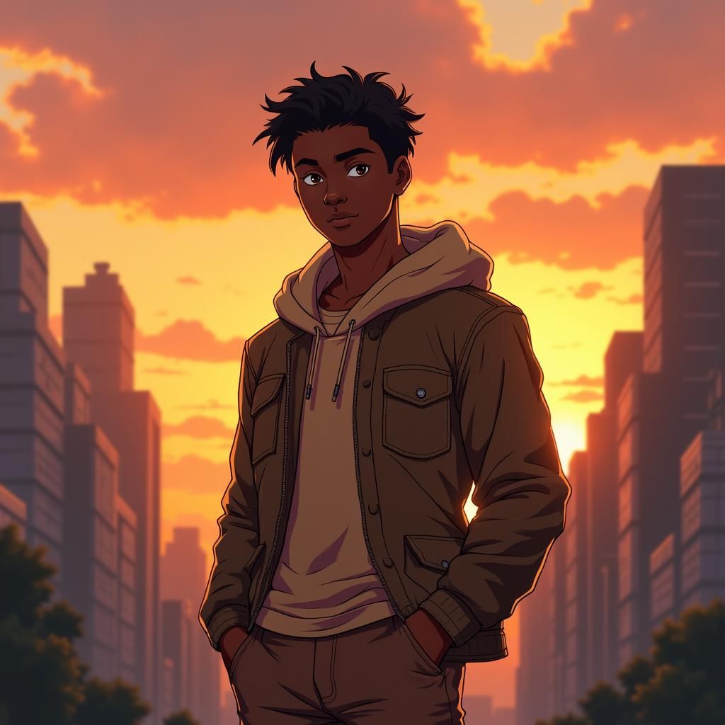 Courageous Young Man in Anime Style Sunset