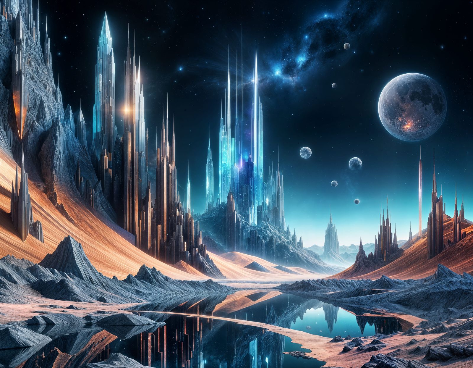 Enchanted City on Moon in Retro Sci-Fi Nebula