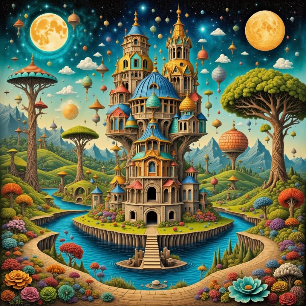 Enchanted Surreal Mansion in a Dreamlike Landscape