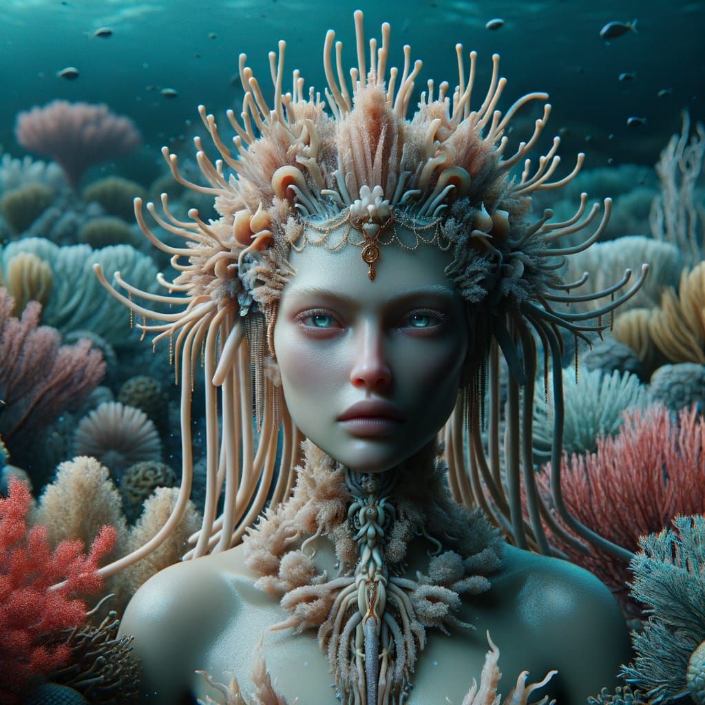 Regal Sea Goddess in Coral Crown, Amidst Vibrant Underwater ...