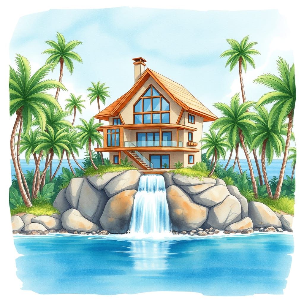 Whimsical Seaside House and Waterfall, Watercolor Illustrati...