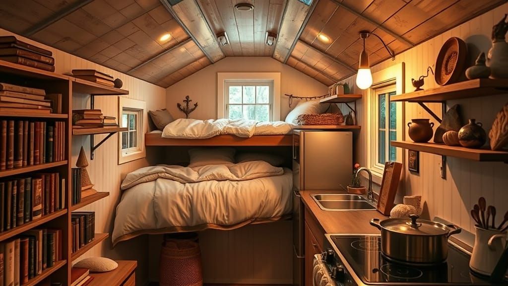 Warmly Lit Underground Tiny House Interior