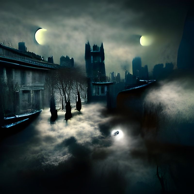 Elegant Vampires Haunt Foggy London Alley in Film Noir