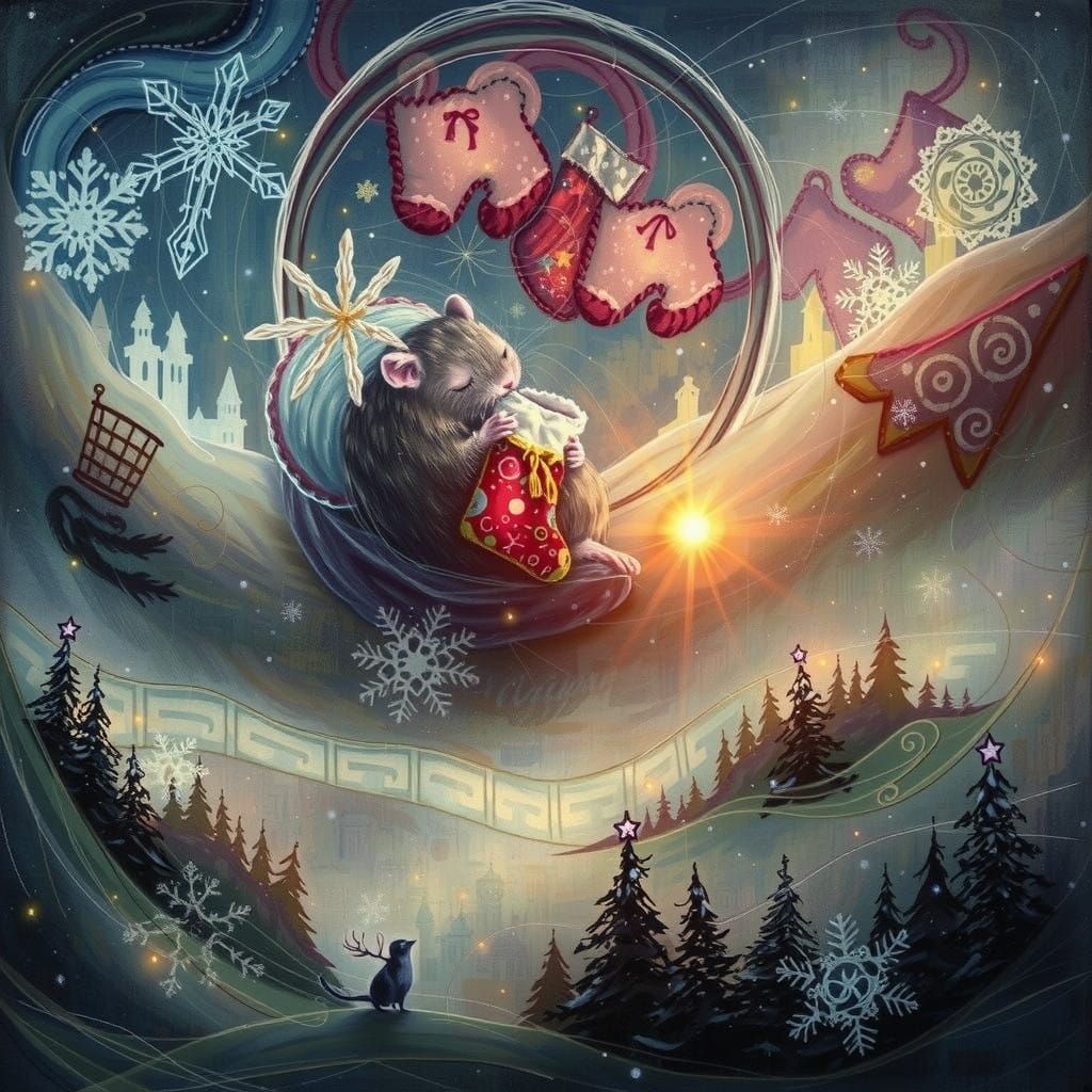 Whimsical Christmas Scene in Mixed Media Art