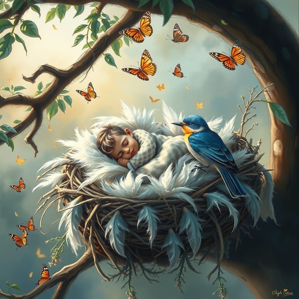 Fantasy Scene with Sleeping Child and Songbird Guardian