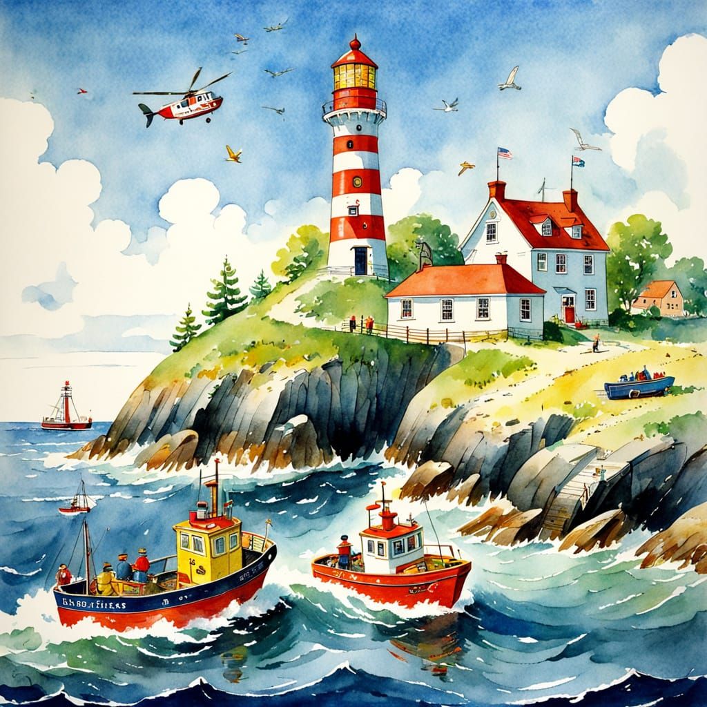 Charming Lighthouse and Lifeboat Watercolour Illustration