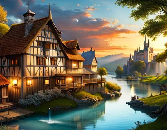 Watermill Dayscape with Wizards: Fantasy Concept Art