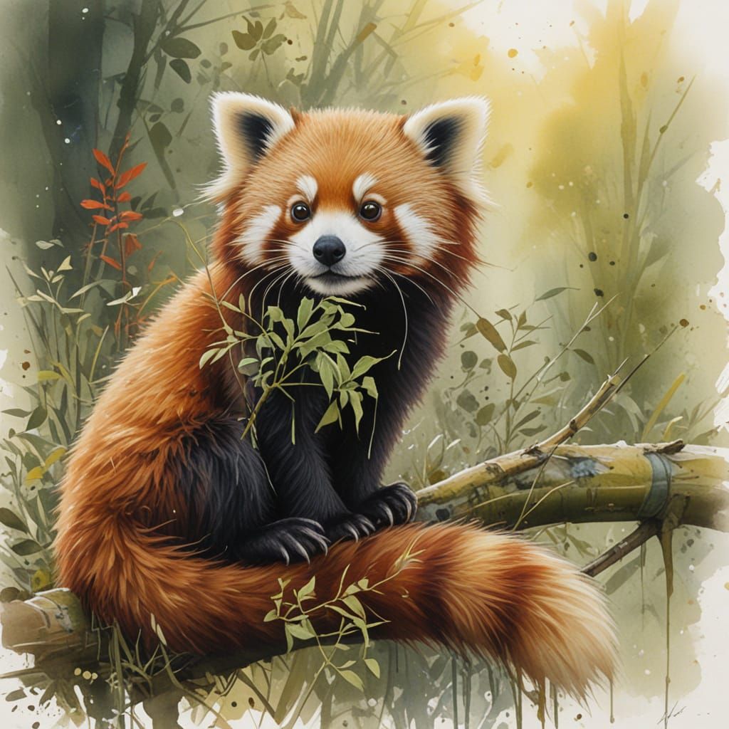 Red Panda in Misty Bamboo Grove Gouache Sketch