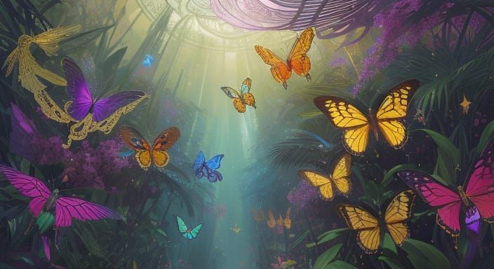 Whimsical Butterfly Realm in Vibrant, Iridescent Colors