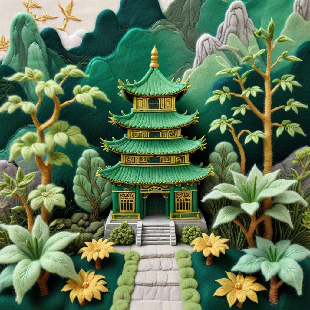 Felted Chinese Temple Landscape with Gold Accents