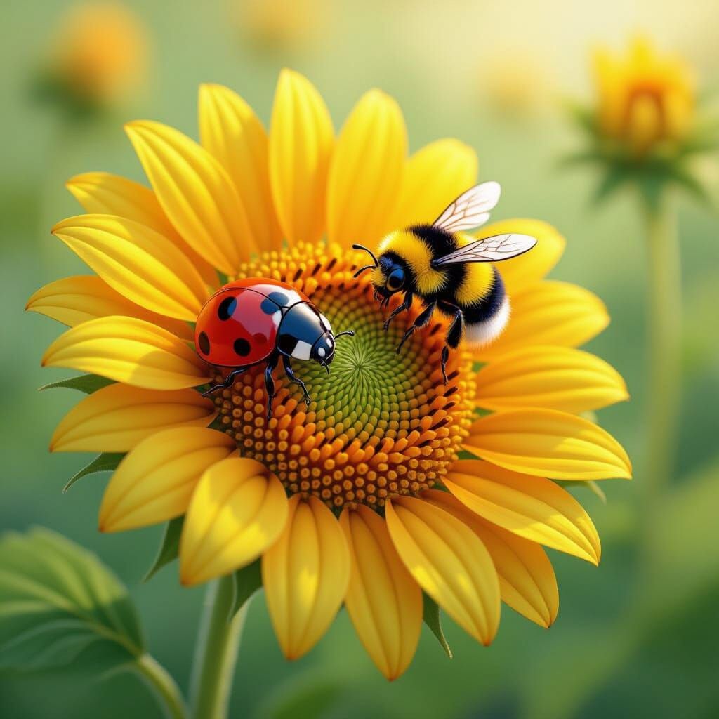 Ladybug and Bumblebee Over Sunflower in Ghibli Style