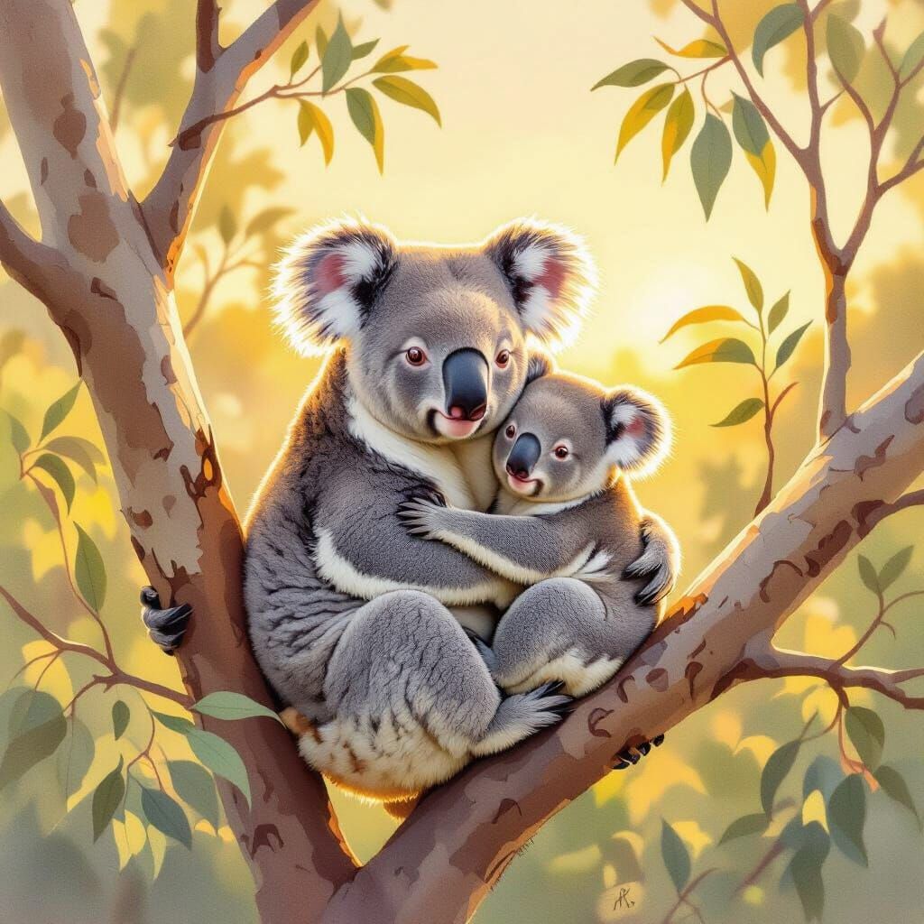 Koala Mother and Joey in Golden Hour Light