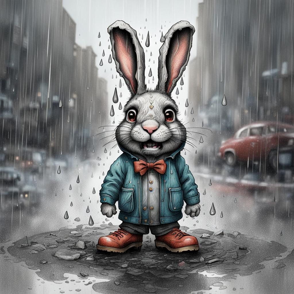 Distressed Bunny Caricature with Intricate Details