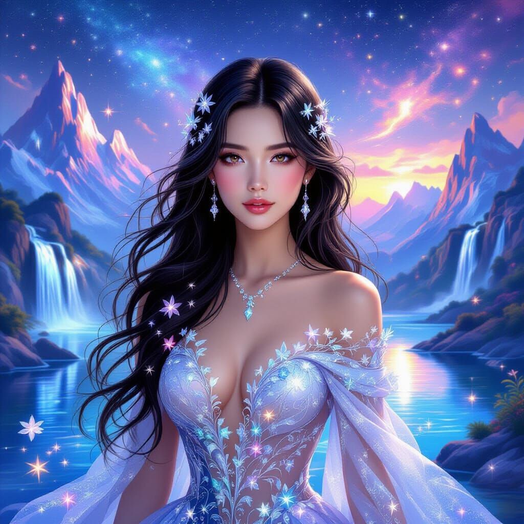 Ethereal Beauty in Starlight Gown with Crystal Mountains