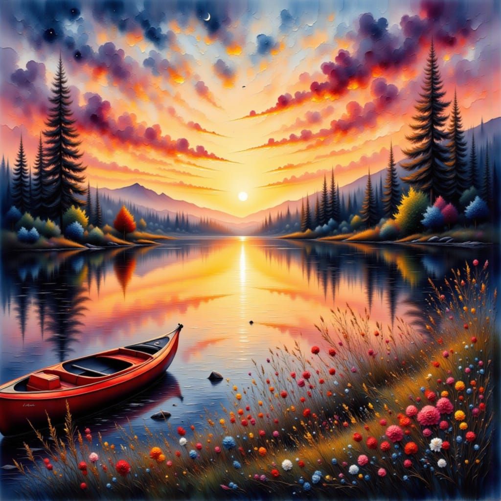 Serene Lake Sunset Reflection with Crescent Moon