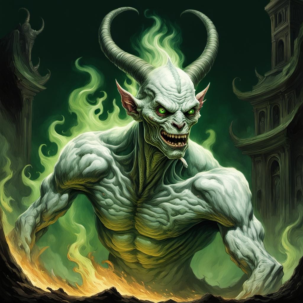 Horrific One-Eyed Monster with Flaming Horns