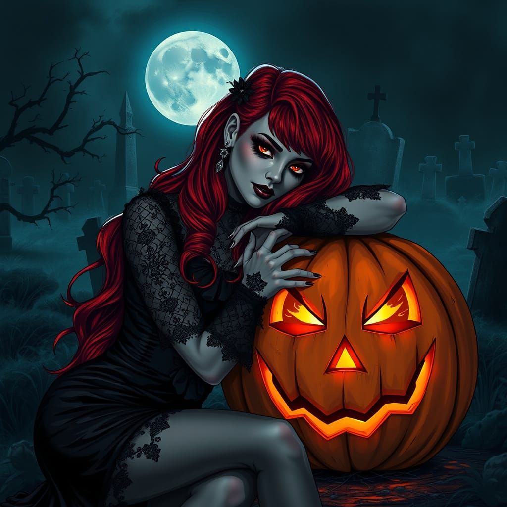Goth Woman With Pumpkin in Moonlit Graveyard
