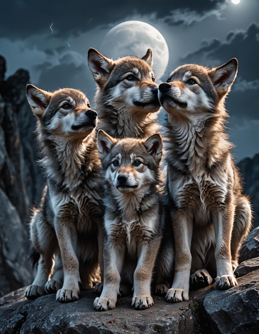 Adorable Wolf Pups Howling at the Moon