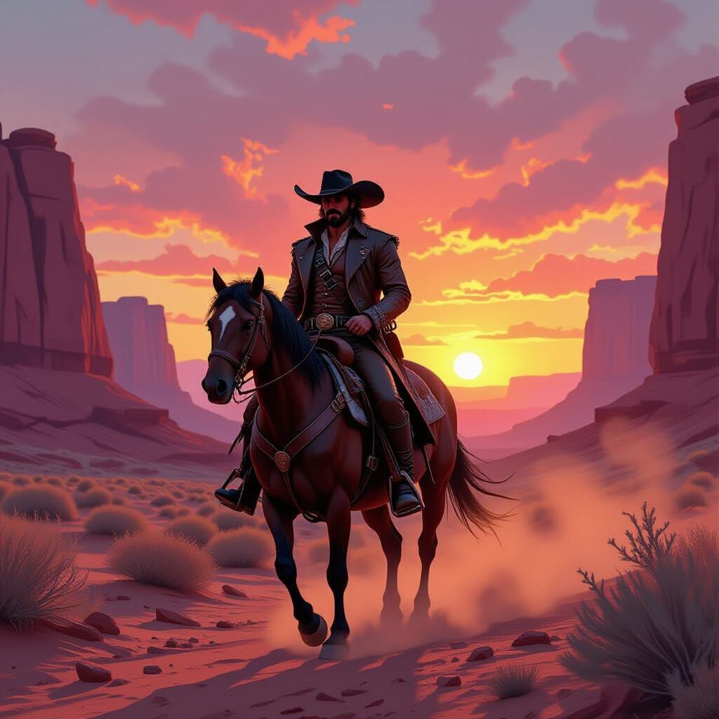 Pirate Cowboy Rides Through Dusty Canyon