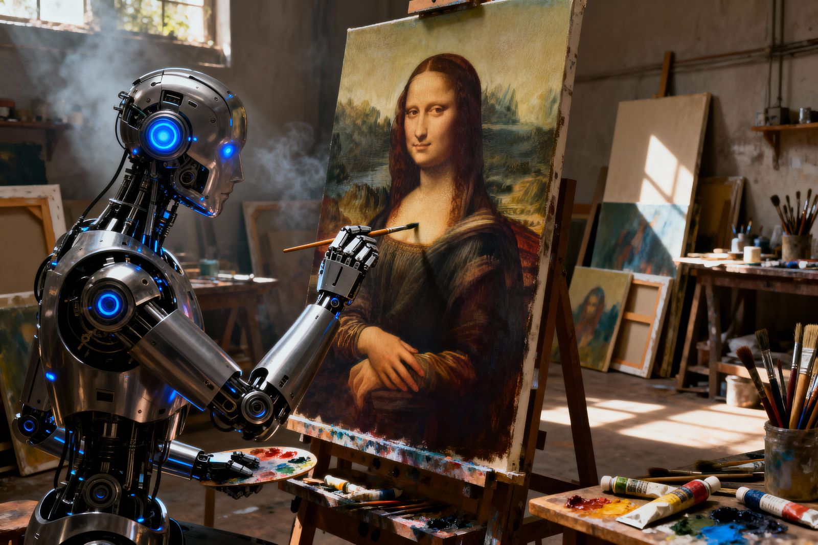 Android Artist Paints Mona Lisa in Sunlit Workshop