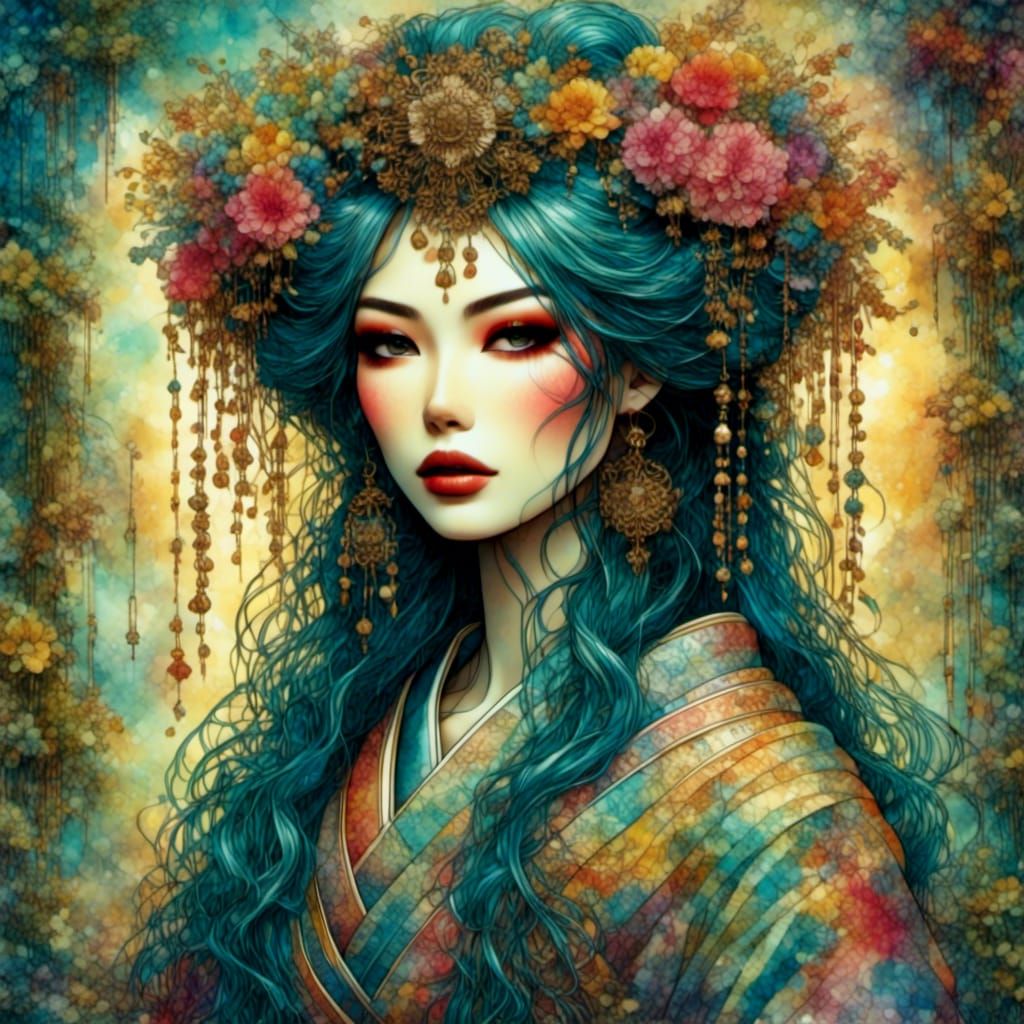 Enchanted Geisha Portrait in Oil Painting Style
