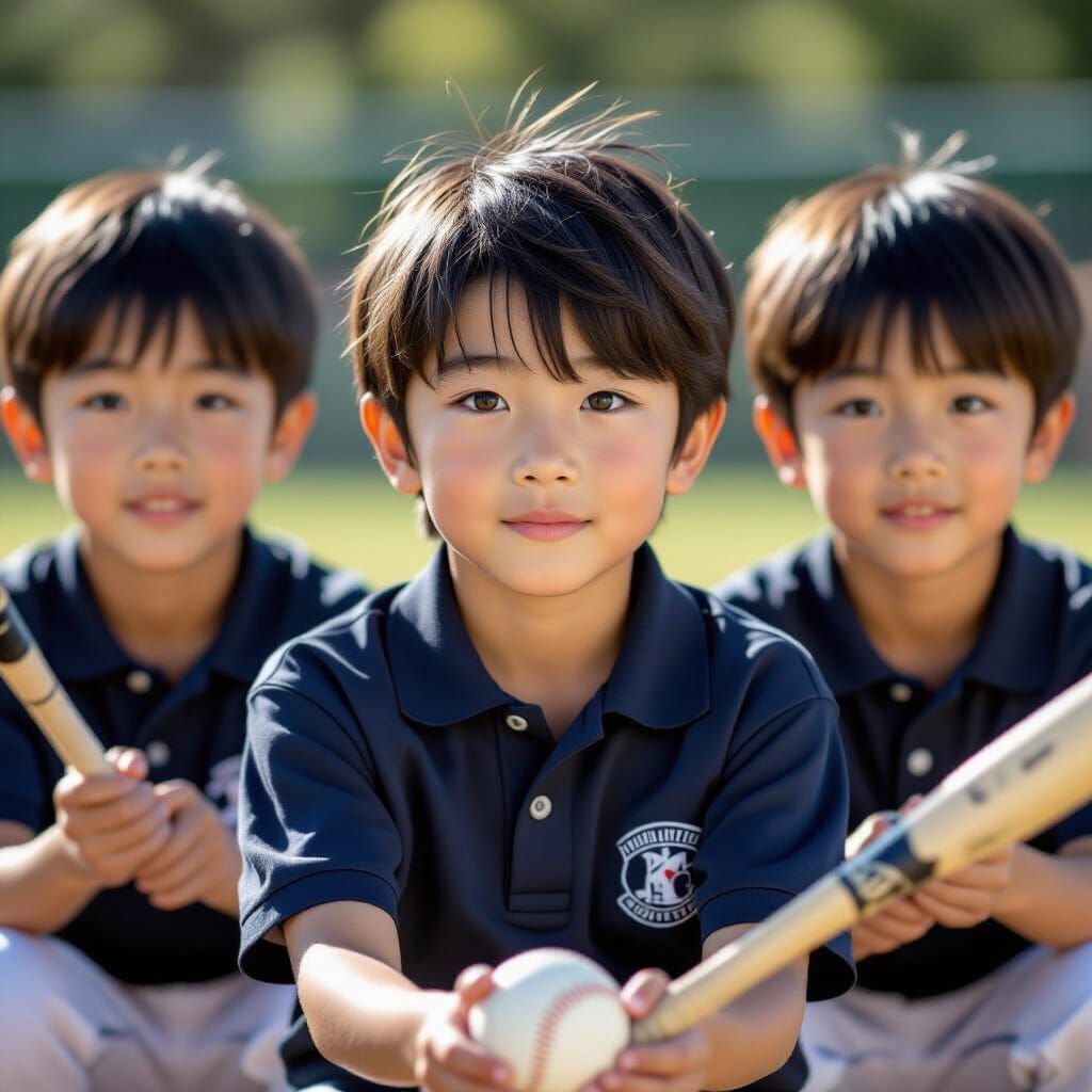 Handsome Japanese Schoolboys Play Baseball in Realistic Phot...