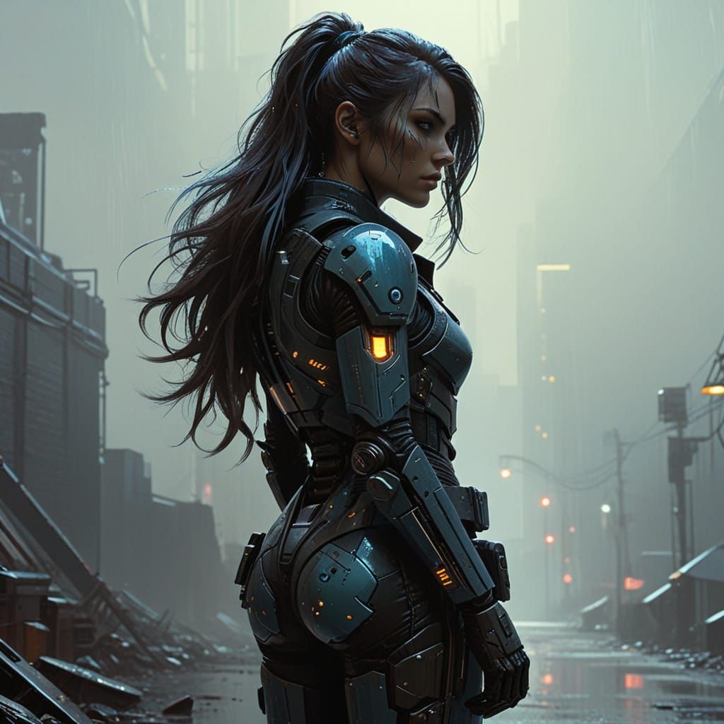 Gritty Cyberpunk Warrior Emerges from Neon Shadows