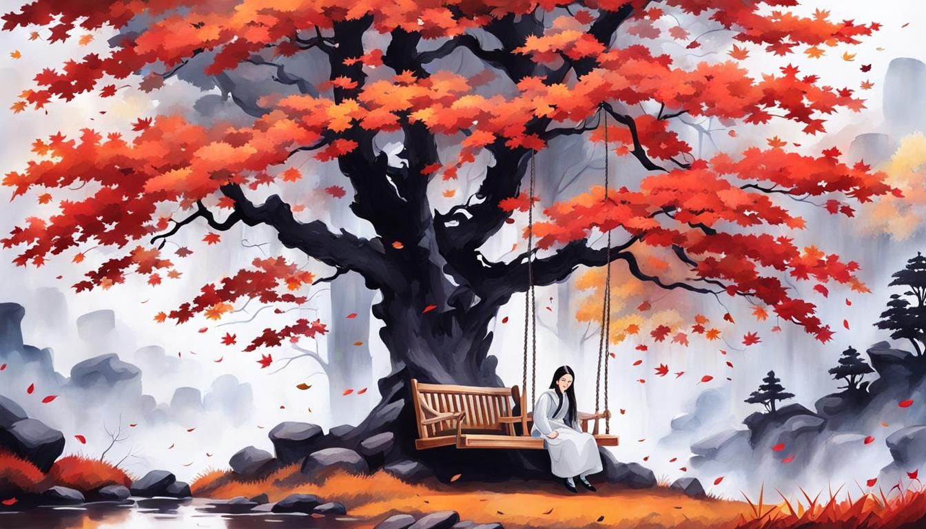 Chinese Ink Painting: Girl on Tree Swing