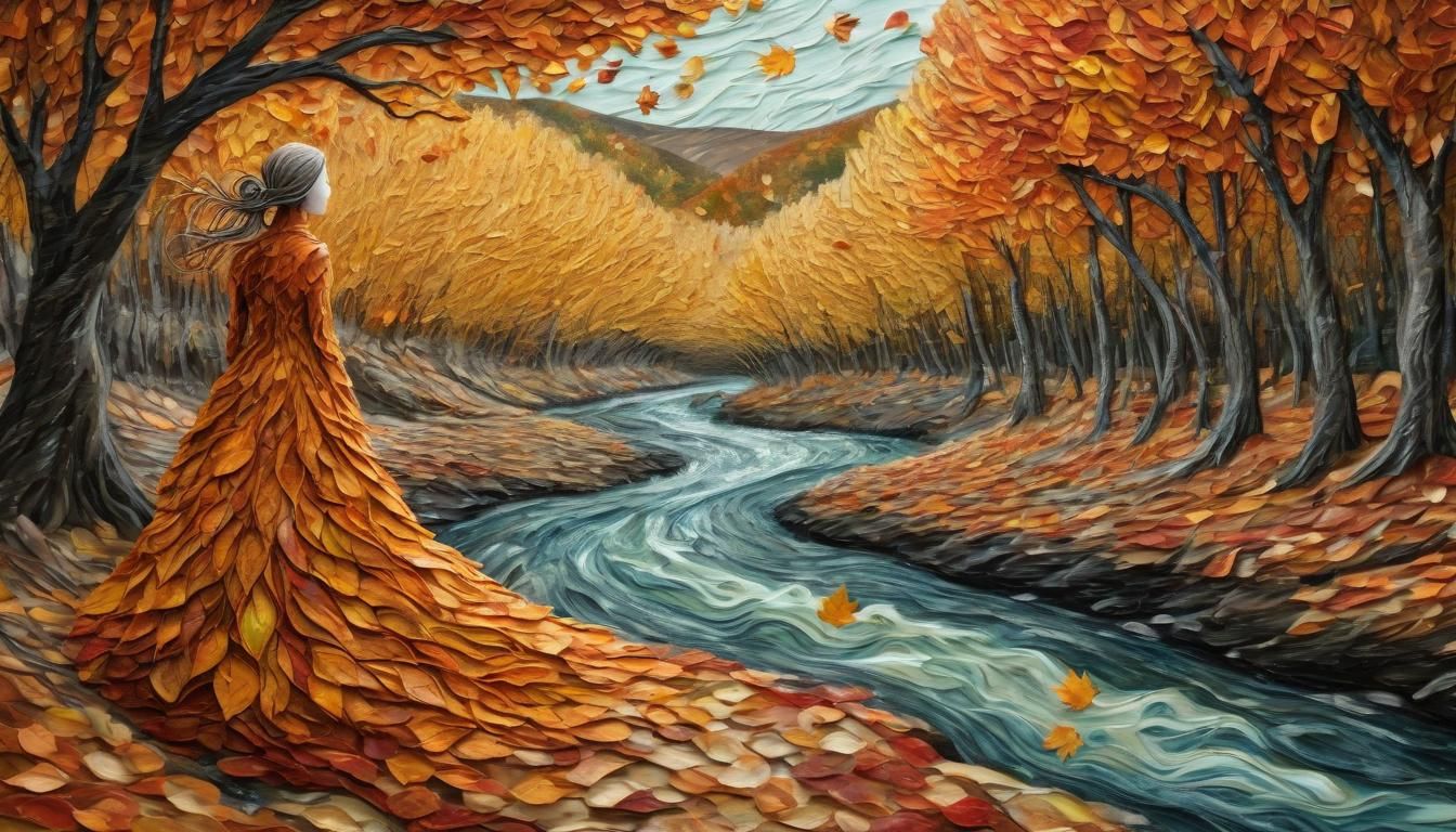 Autumn Leaf Woman in Surreal Impasto Landscape