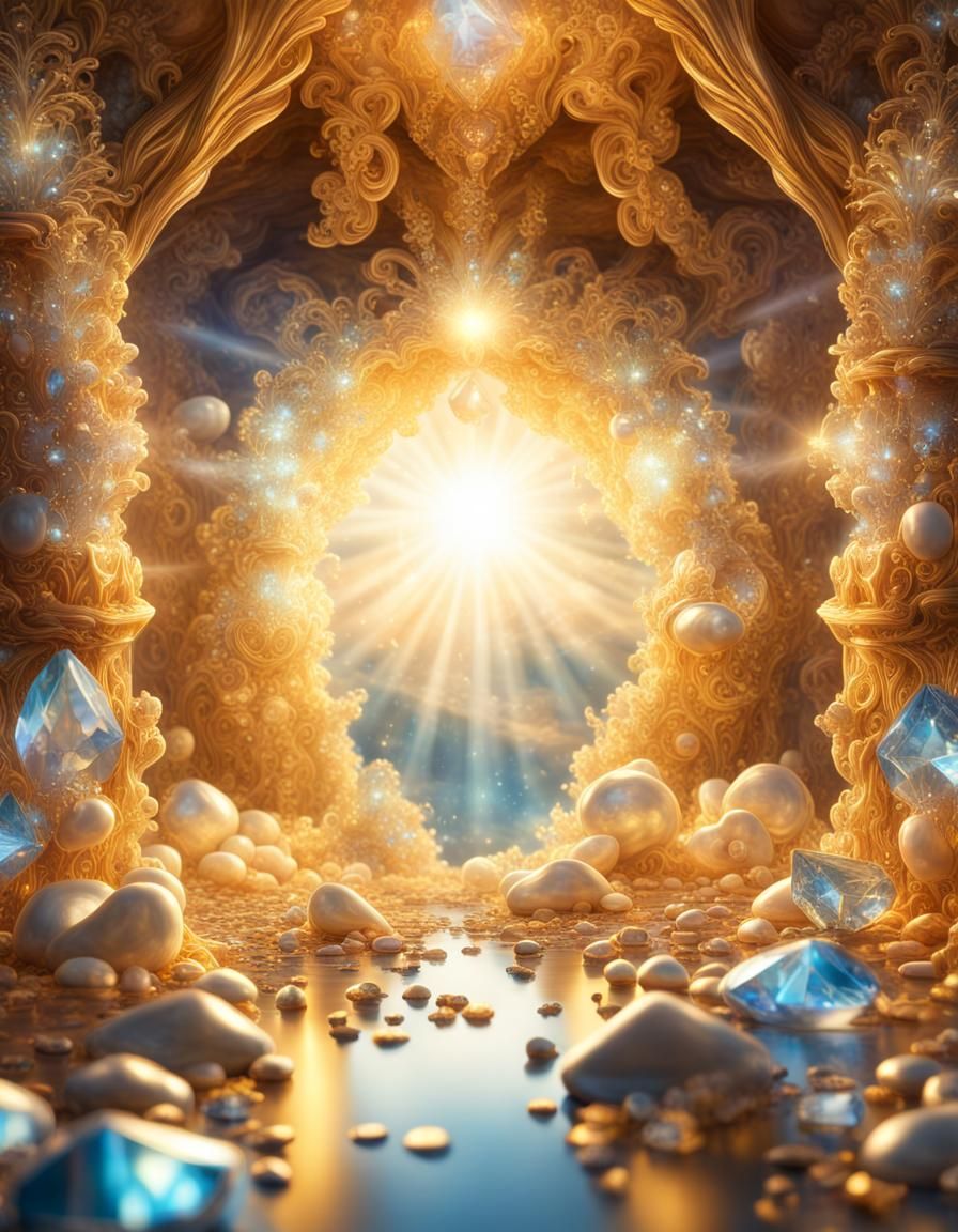 Magic Crystal Cave with Gold Jewellery, Art Photography