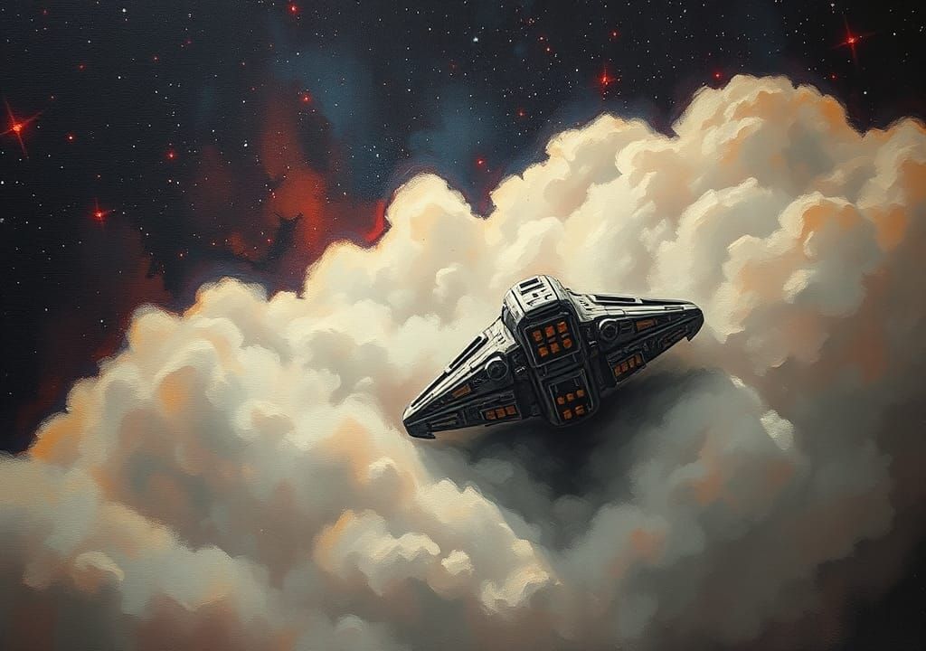 Retro Sci-Fi Alien Spaceship Piercing Clouds