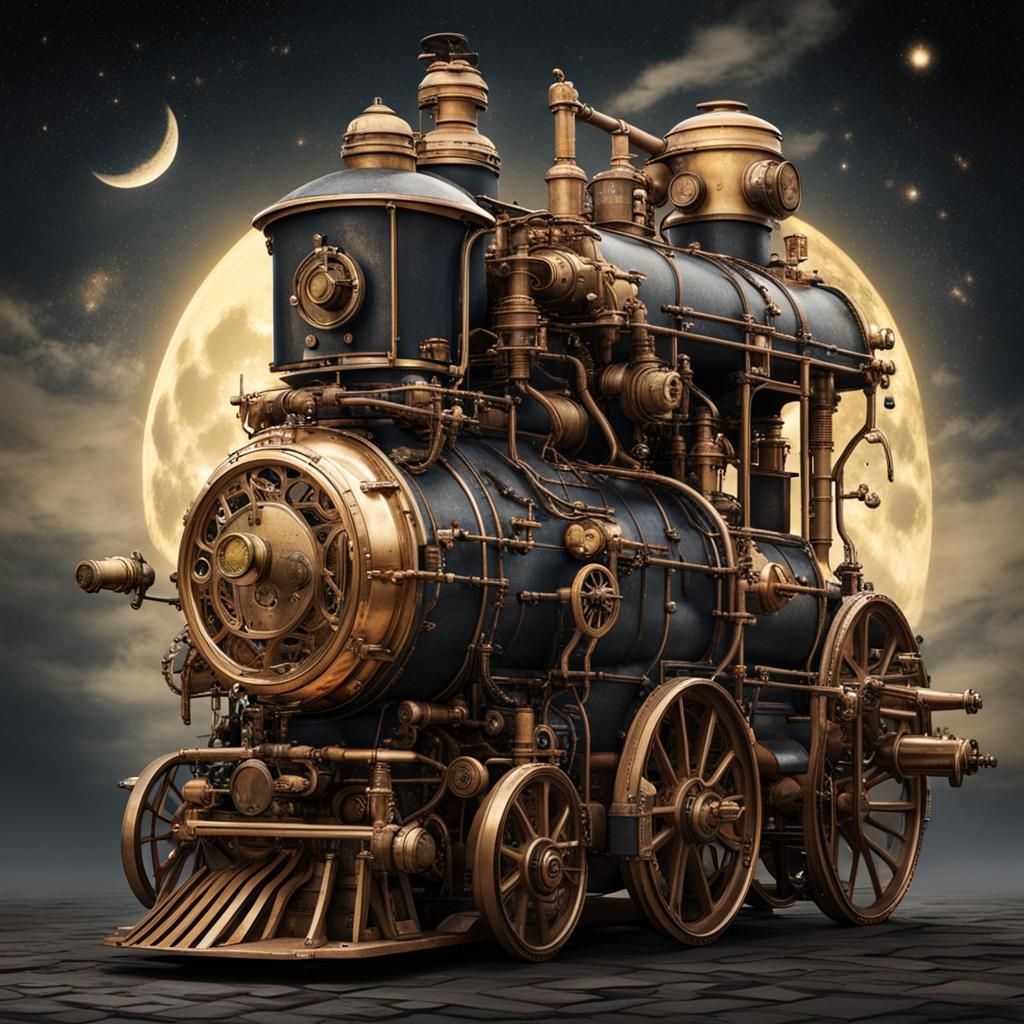 Steampunk Beauty Walks in Starry Night Landscape