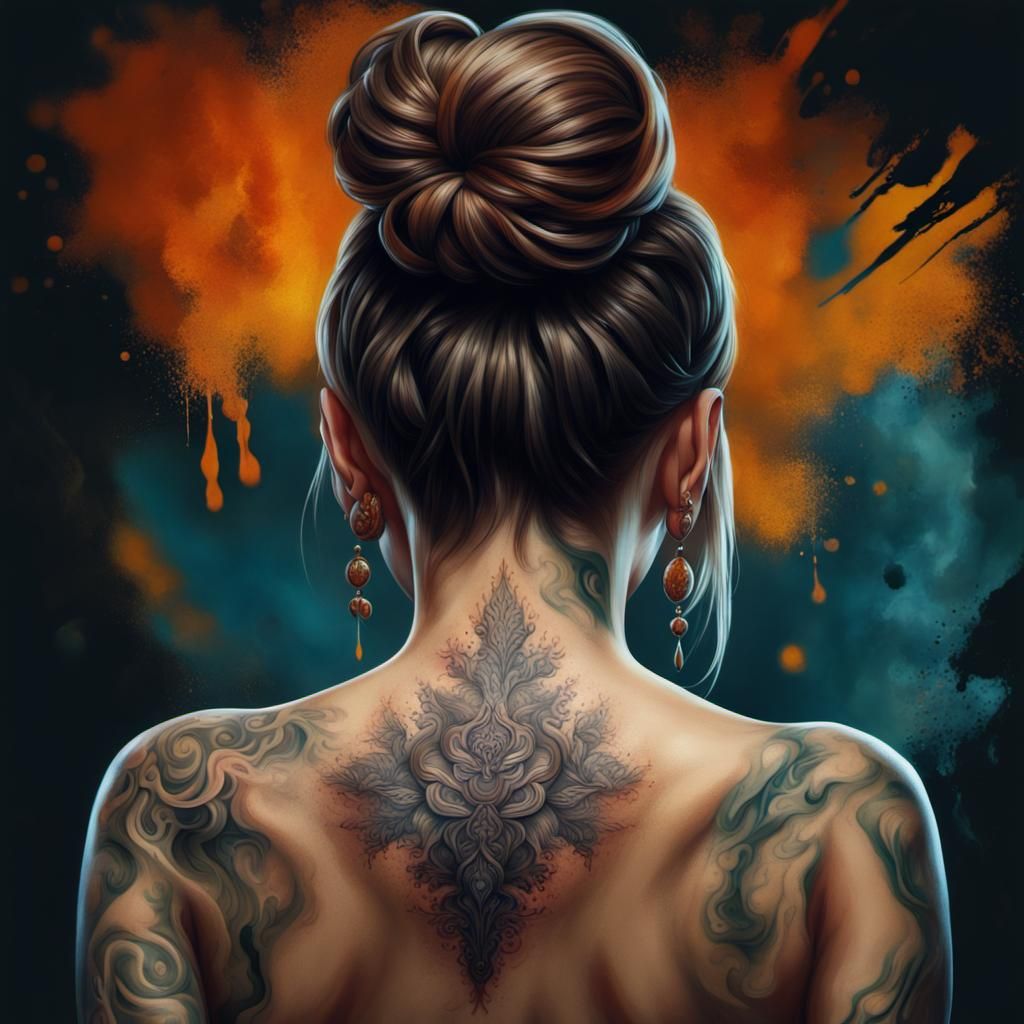 Woman with Detailed Tattoo: An Oil Painting