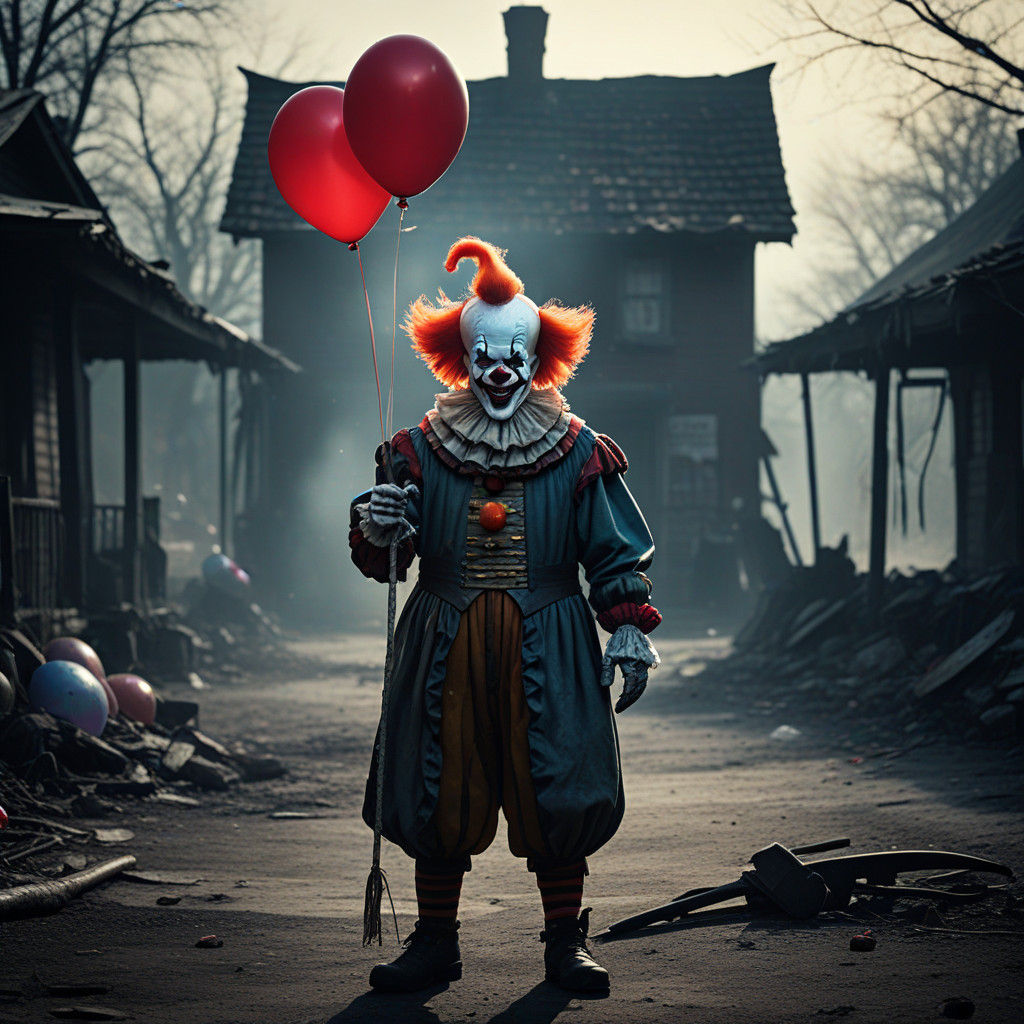 Grinning Clown Beside Axe-Wielding Vampires in a Dark Post-A...