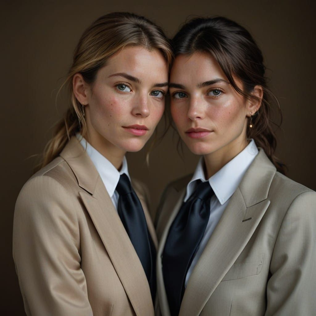 Two Women in Elegant Business Attire Share a Warm Moment