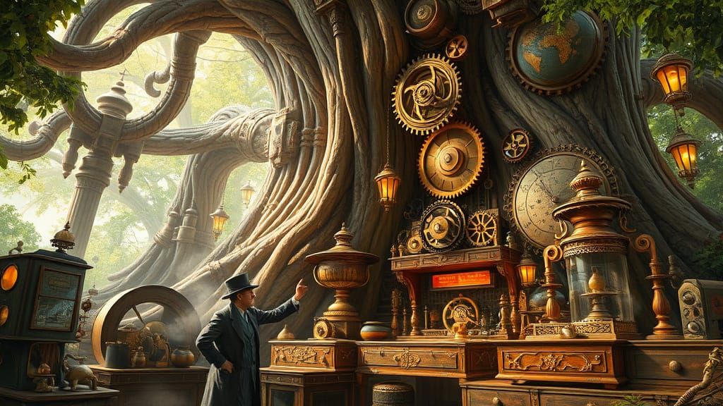 Steampunk Marketplace Inside Colossal Tree with Automatons