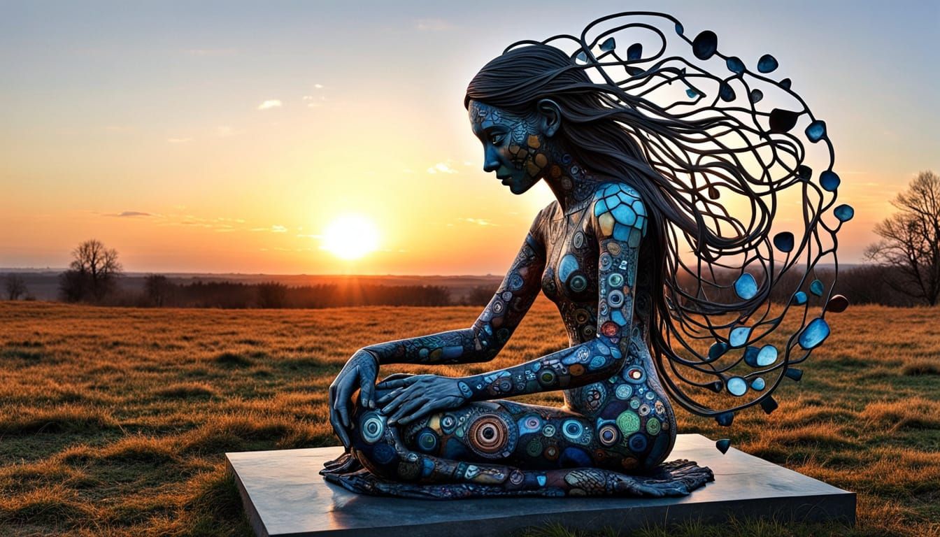 Surreal Sculpture of a Kneeling Woman Amidst a Sunset with G...