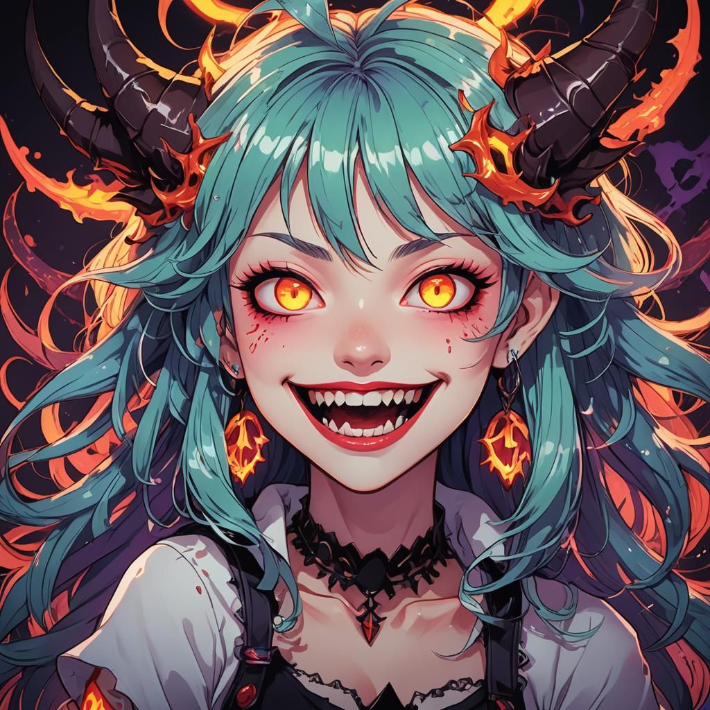 Anime Demon Girl with Neon Hair