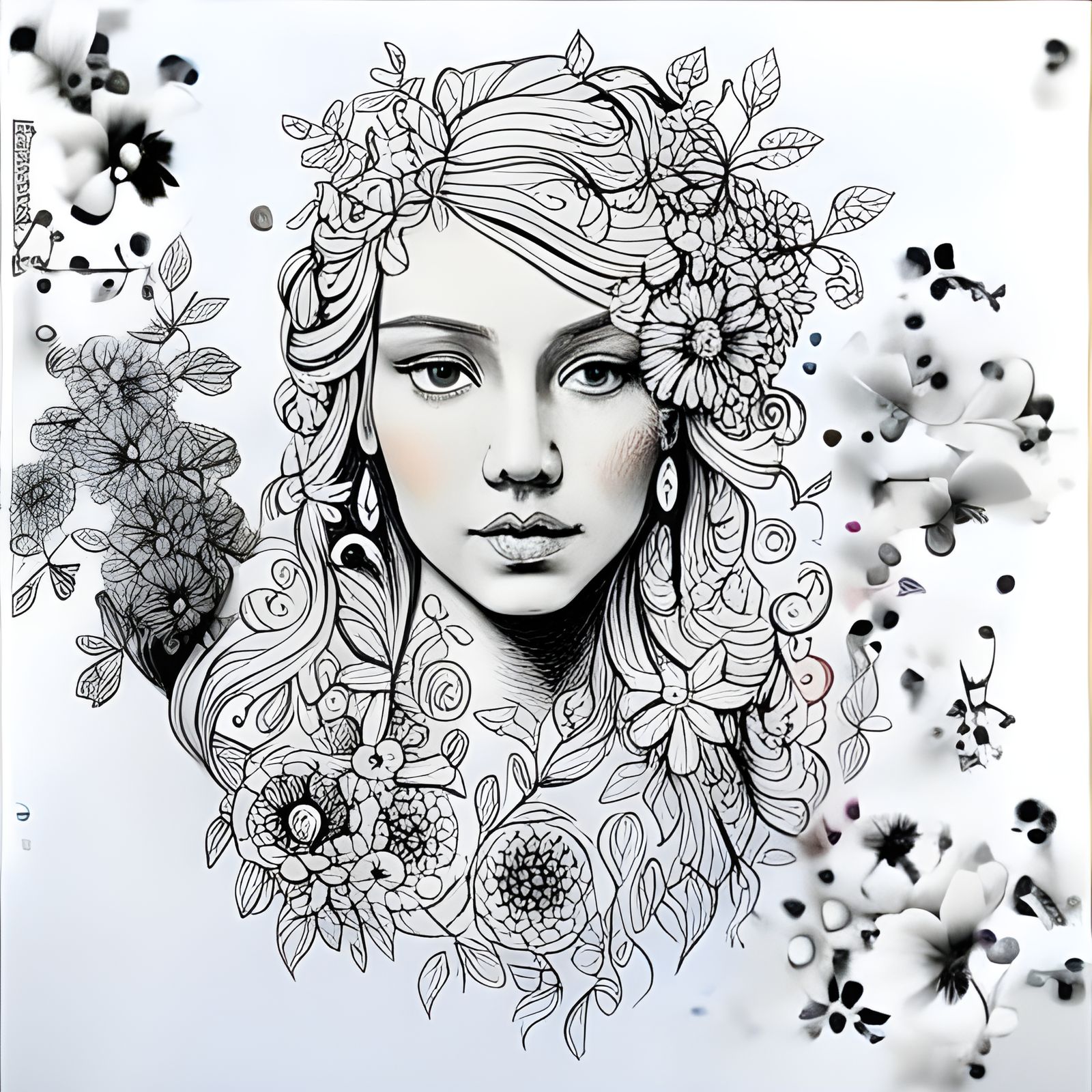 Contour Drawing of Girl with Flowers, Coloring Page