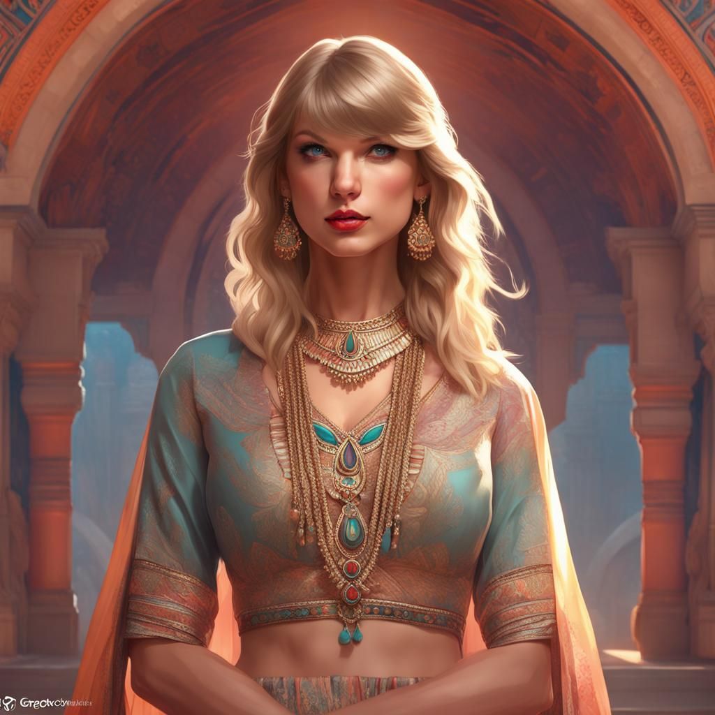 Taylor Swift Portrait in Indian Dress, Detailed Art