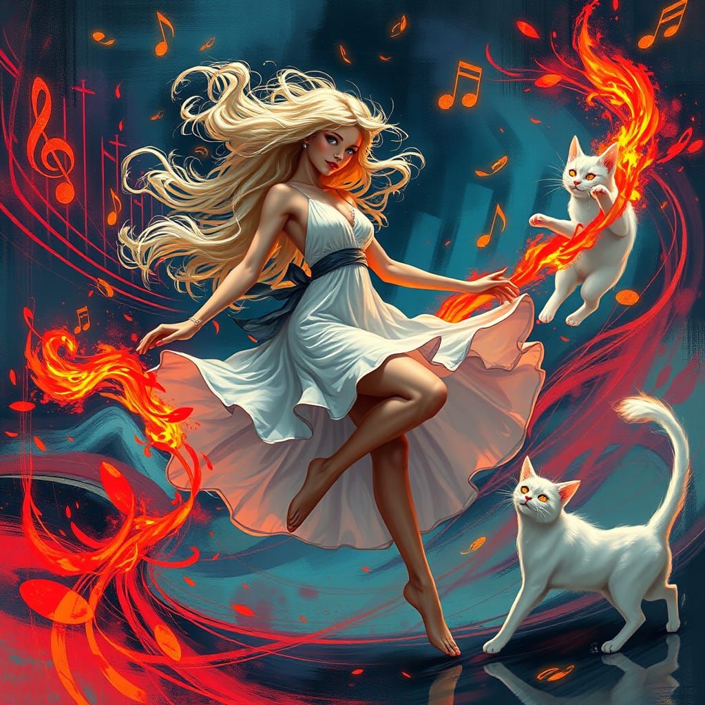 Dancing Blond Fantasy with Fiery Legs and White Cat