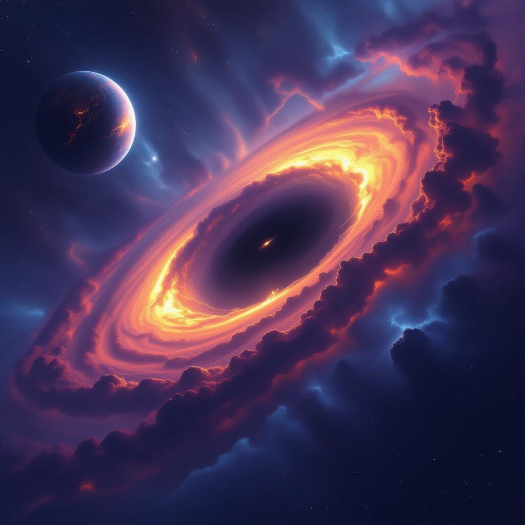 Cosmic Nebula and Black Hole with Desolate Planet