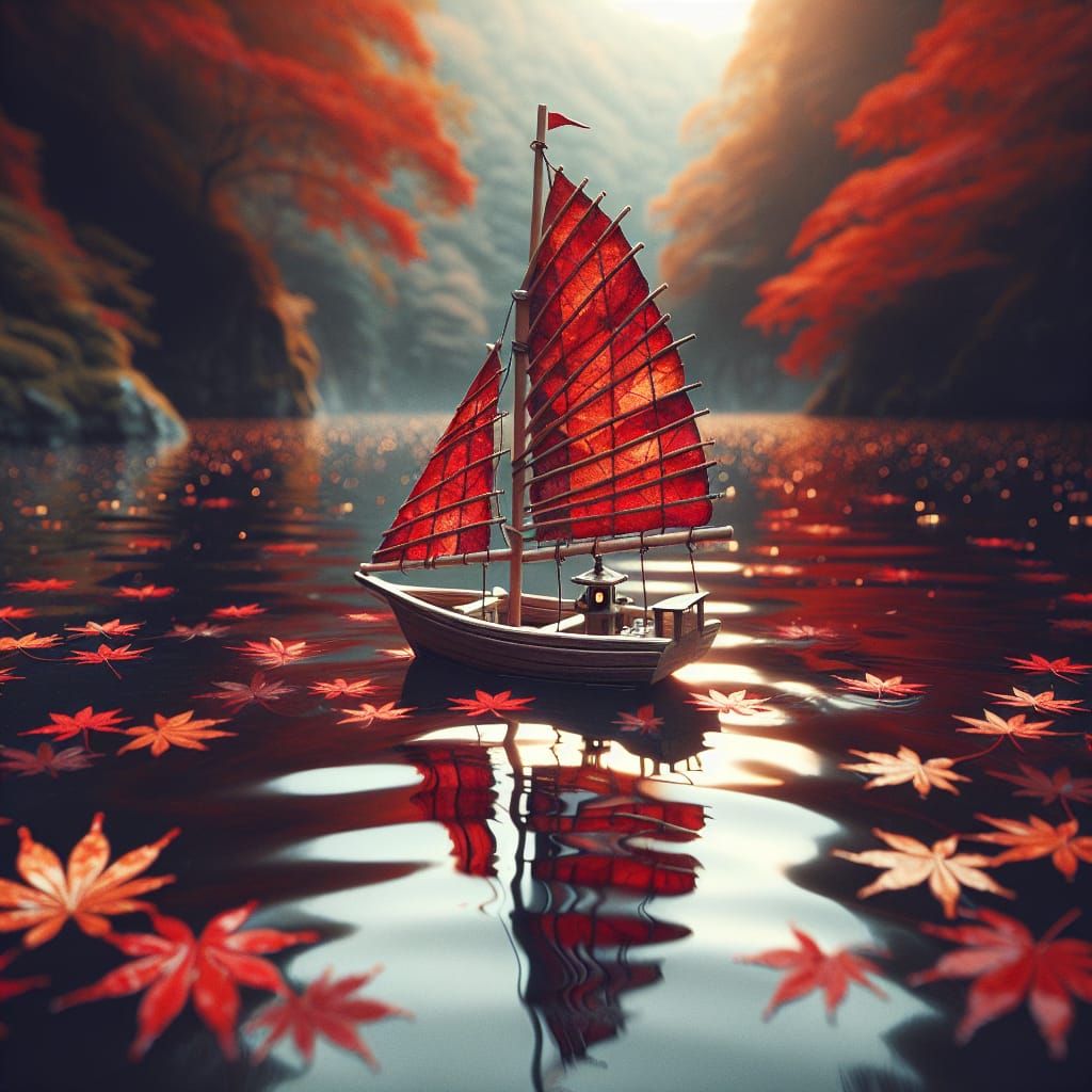 Autumn Leaf Sailboat on a Serene Pond