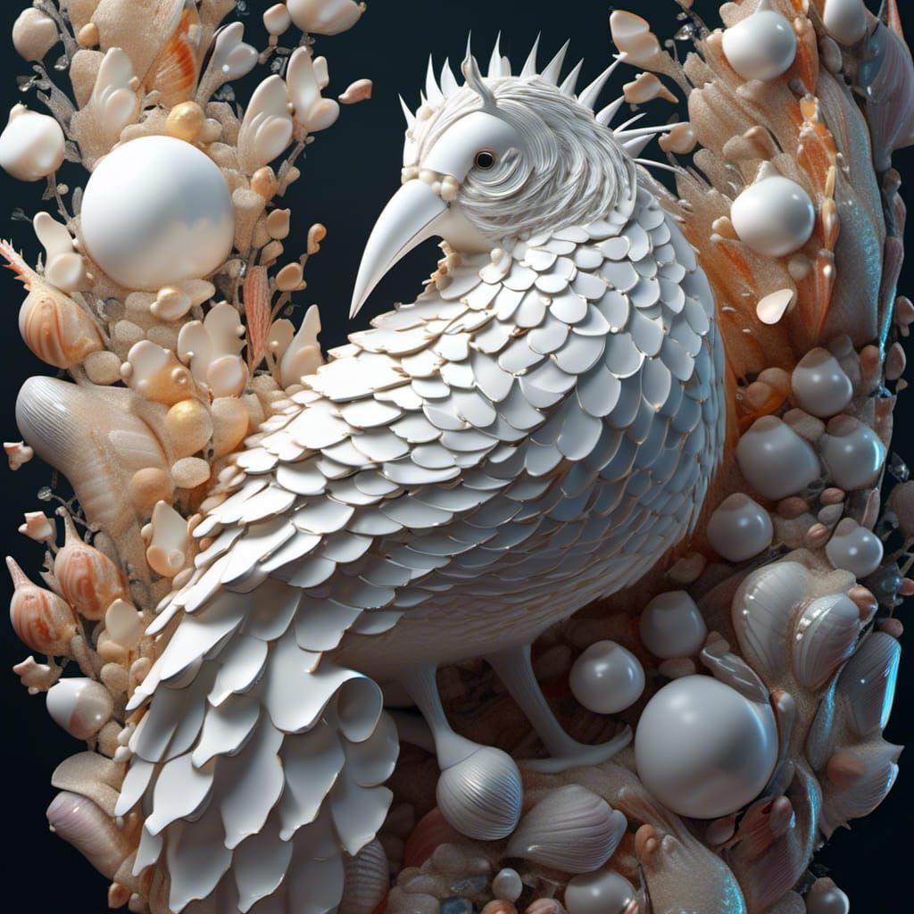 Seashell Bird Sculpture: Detailed Fantasy Art