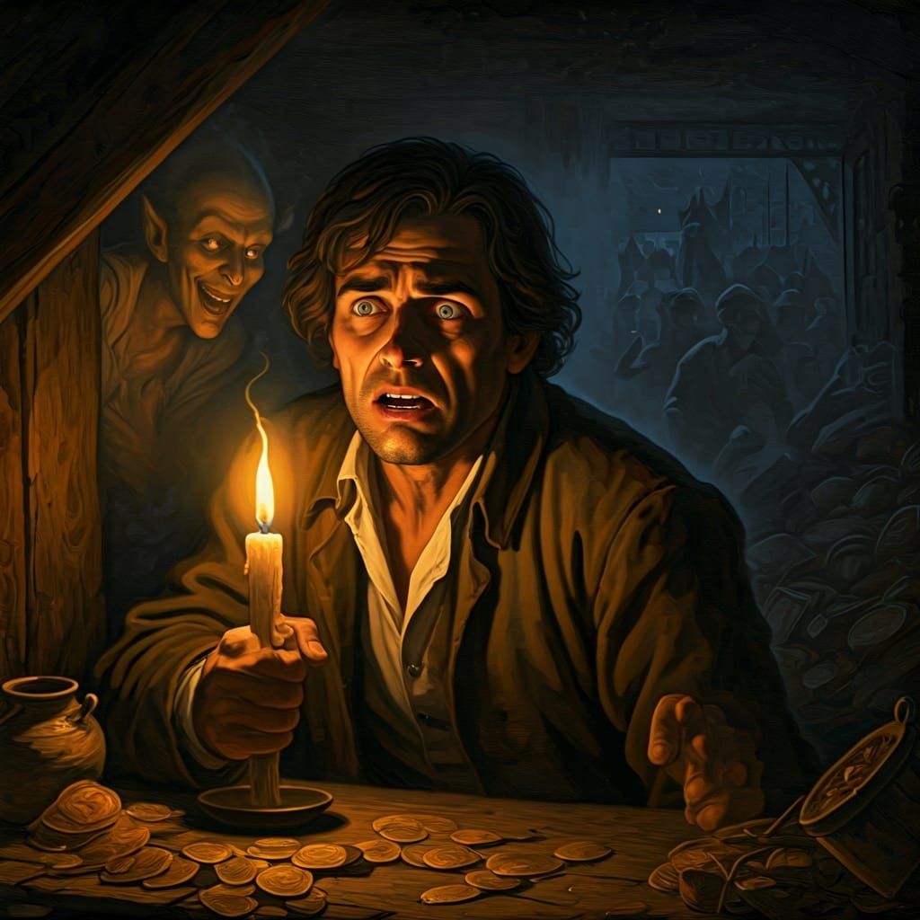 Anguished Man in Dark Room with Ethereal Imp