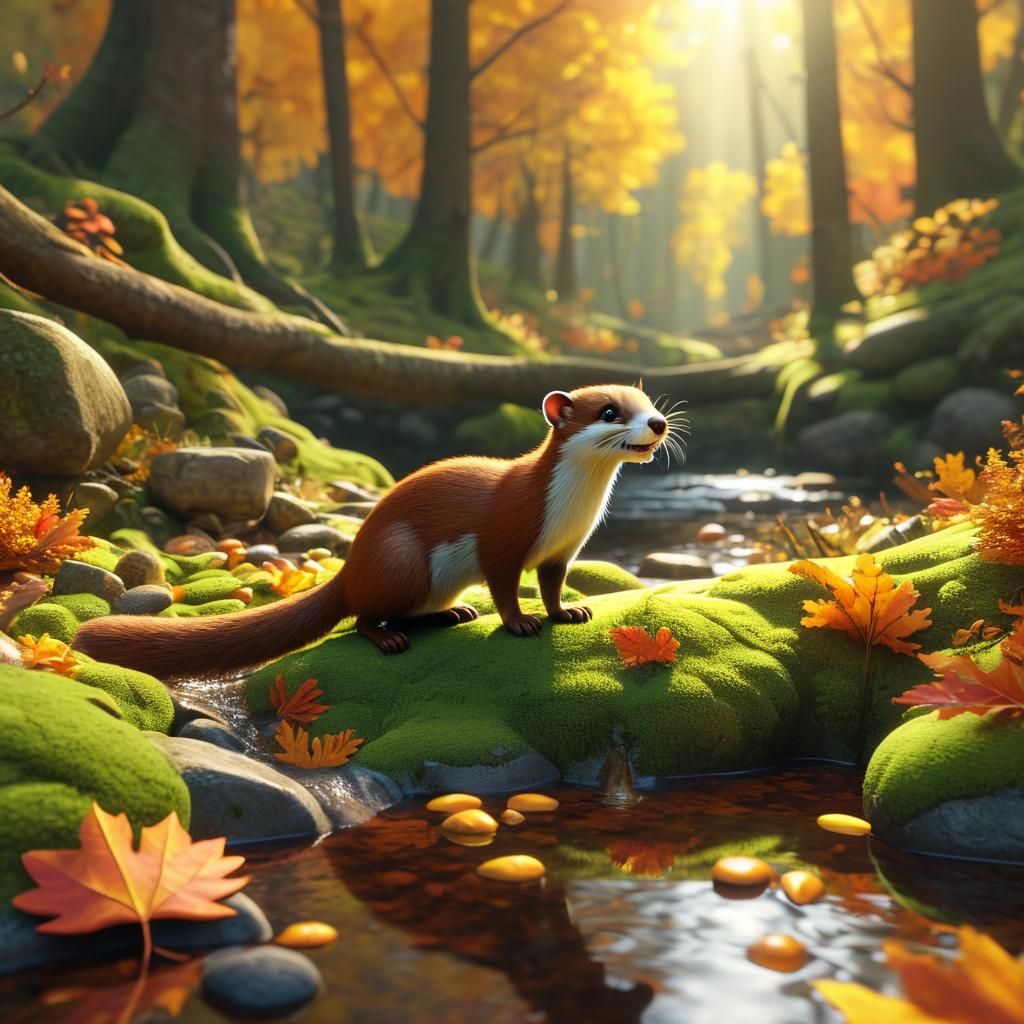 Autumn Weasel Drinks: Pixar-Style 3D Forest Scene